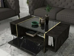 Mesa de café Dpagliar, Mesa baixa para café, Suporte para sofá, Prateleira para sala, 104x60h37 cm, Preto e Dourado