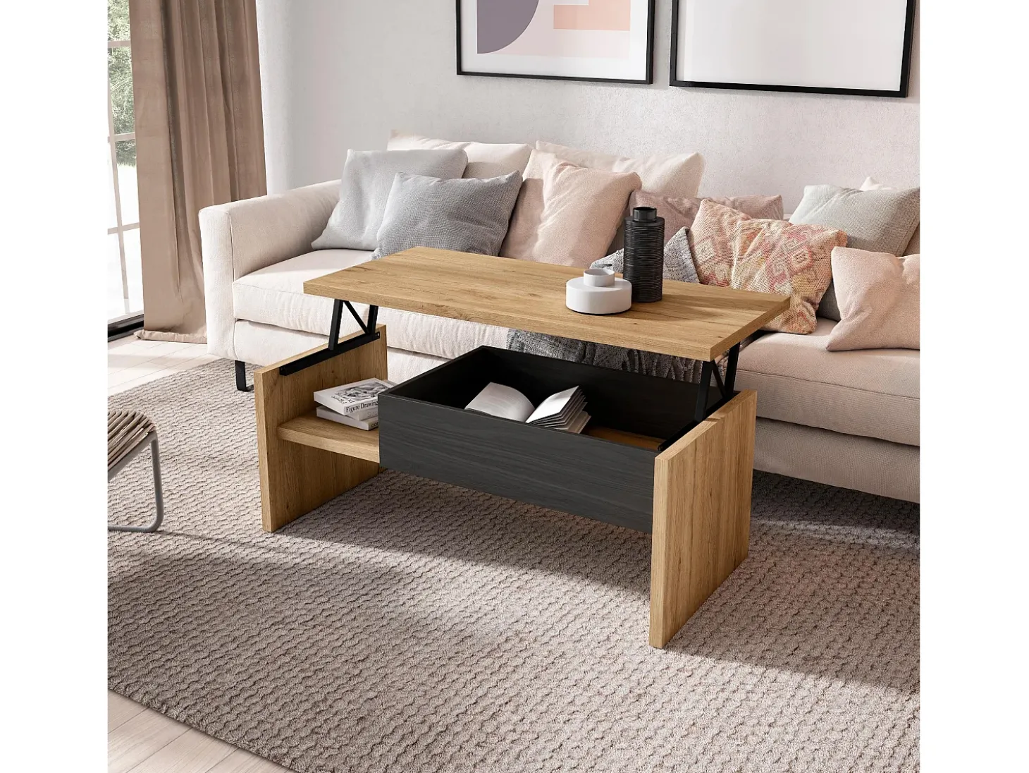 Mesa de Café Elevatória, 110x50x45cm, Móveis Sala Estar, Carvalho e preto