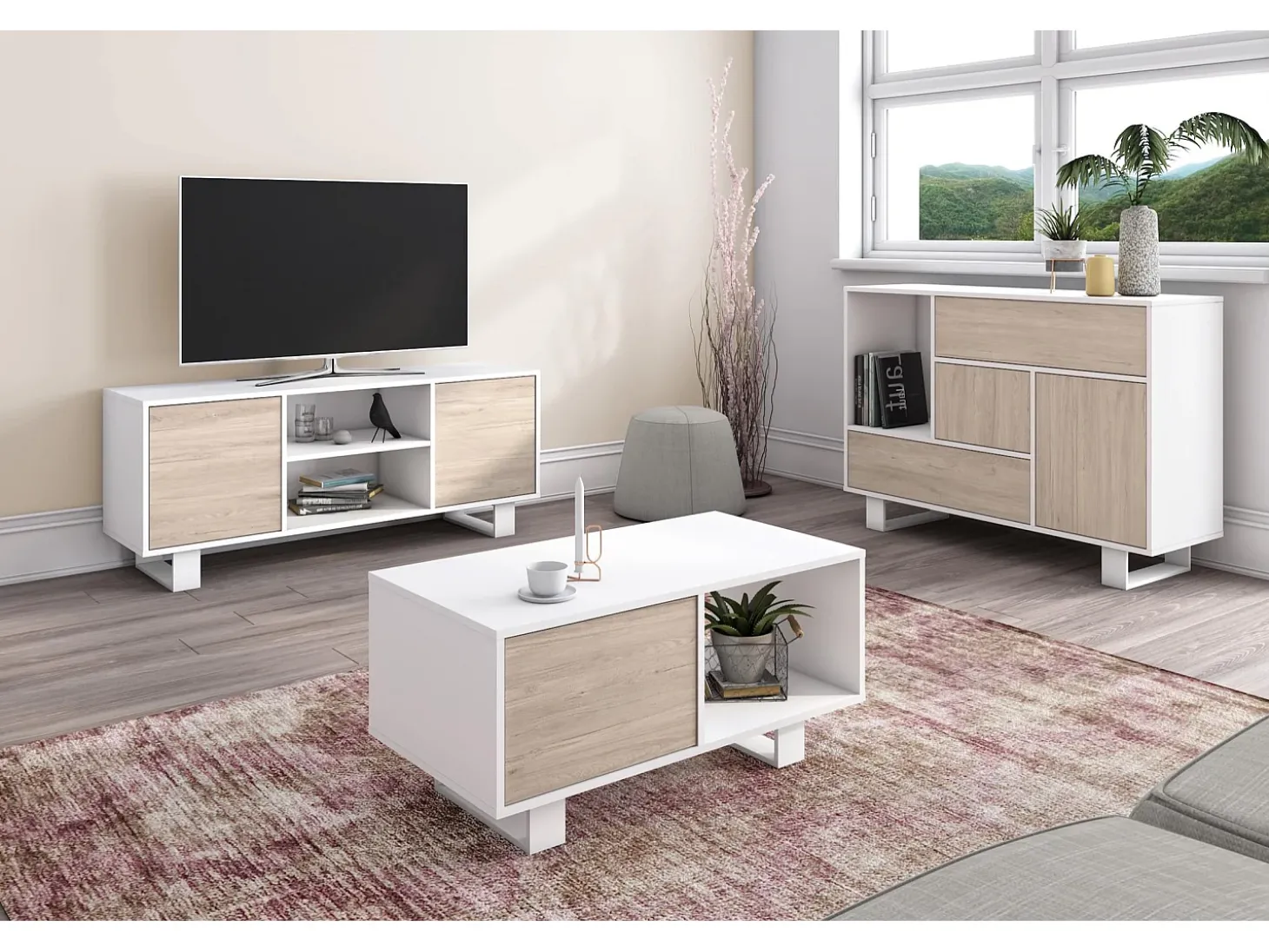 Mesa de café modelo WIND, cor Branco e Carvalho, 92x50x45cm