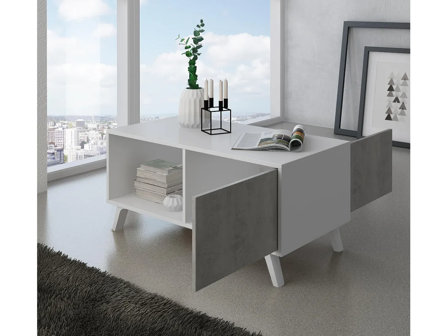 Mesa de café modelo WIND, cor Branco e Cinza Cimento, 92x50x45cm