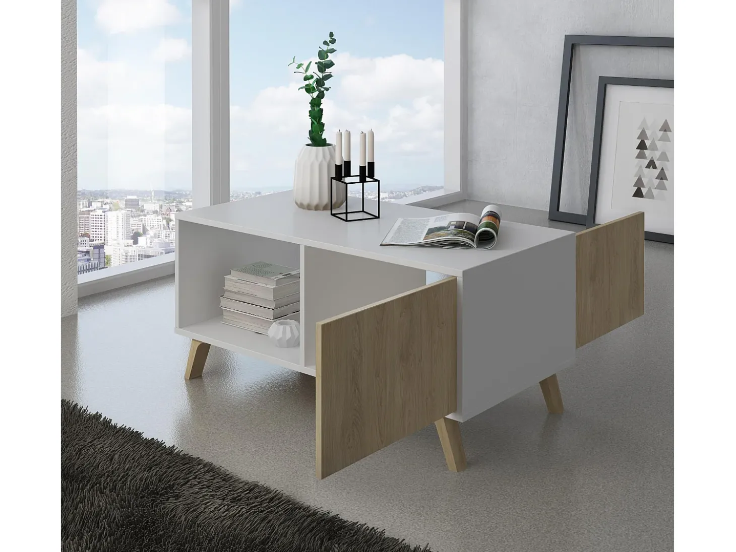 Mesa de café modelo WIND, cor Branco e Carvalho, 92x50x45cm