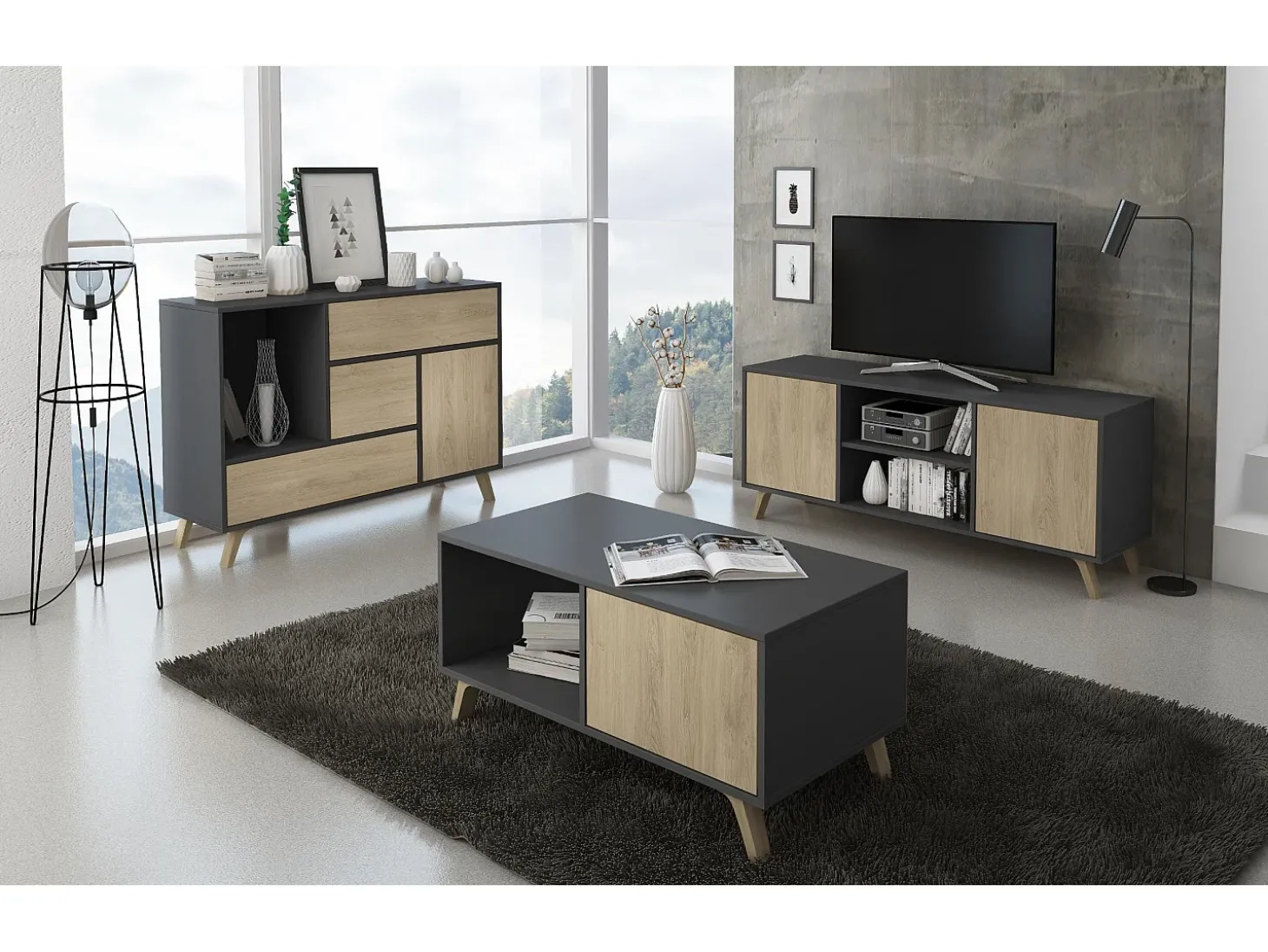 Mesa de café modelo WIND, cor Cinza Antracite e Carvalho, 92x50x45cm