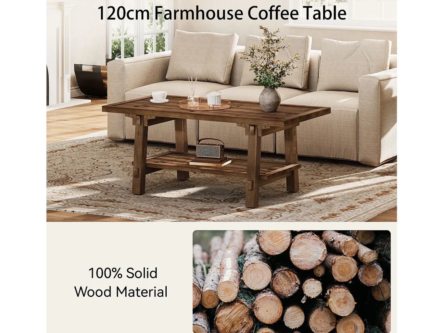 Mesa de Café para Sala de Estar, Mesa de Cocktail Central Rustica de 120cm com Pernas Firmes