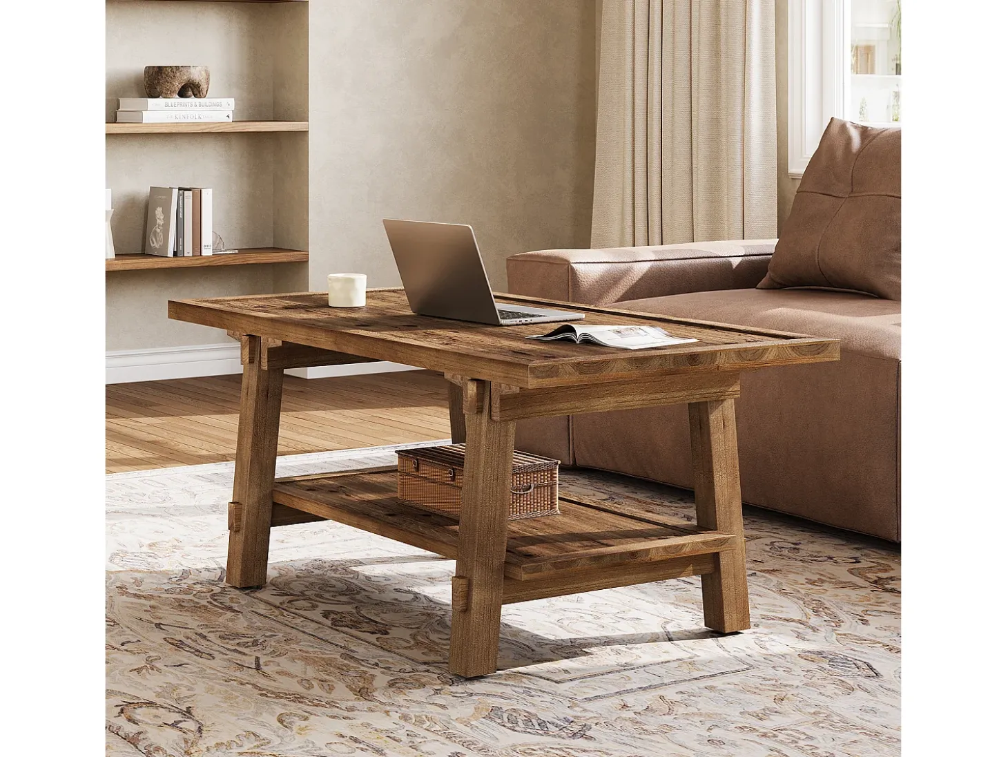 Mesa de Café para Sala de Estar, Mesa de Cocktail Central Rustica de 120cm com Pernas Firmes