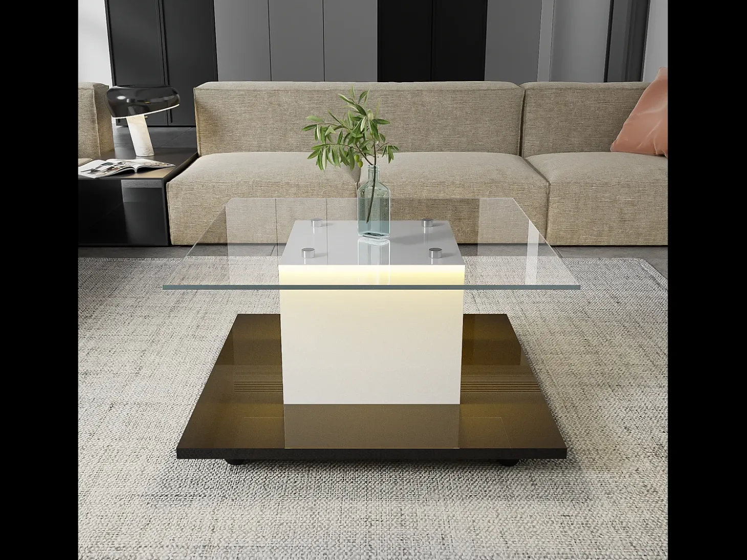 Mesa de café quadrada giratória - com LEDs ajustáveis e rodízios de freio - Painel de vidro e partículas - branco e preto - 80x80x40cm