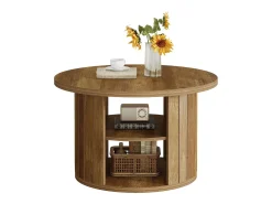 Mesa de café redonda com armazenamento, mesa central circular pequena de 80 cm para a sala de estar, marrom rústico