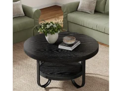 Mesa de Café Redonda de 2 Camadas com Prateleira de Armazenamento para Sala de Estar, Preta