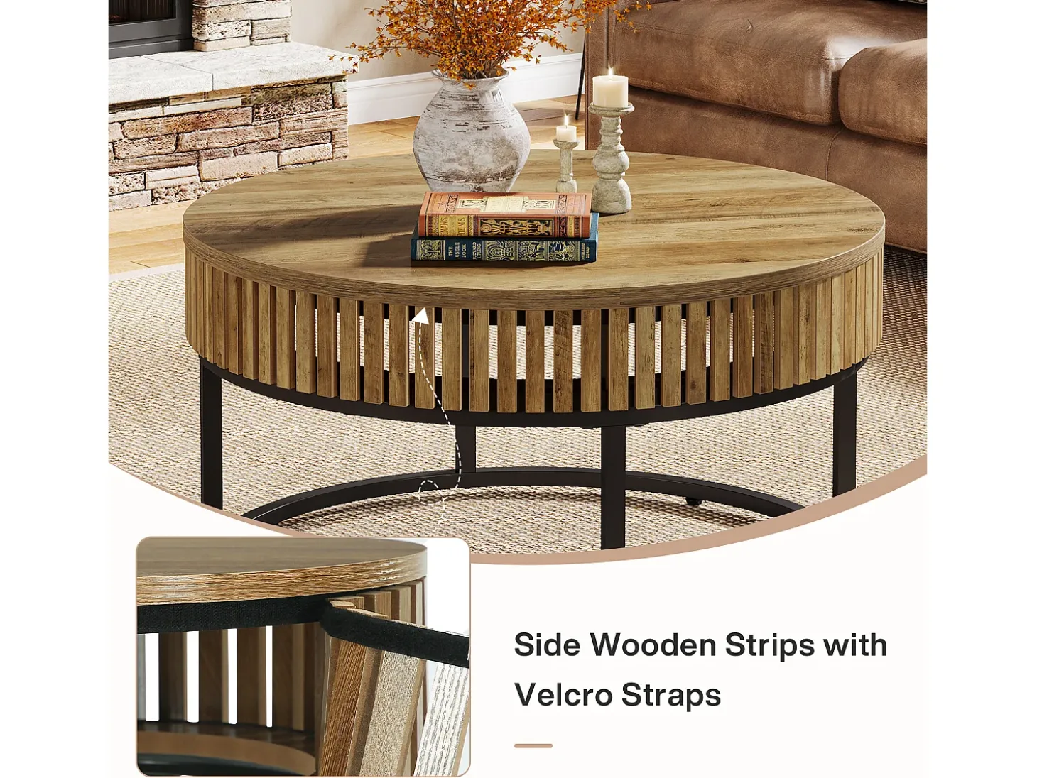 Mesa de Café Redonda de 80 cm, Mesa de Centro de Cocktail Circular Rural para Sala de Estar, Marrom Claro
