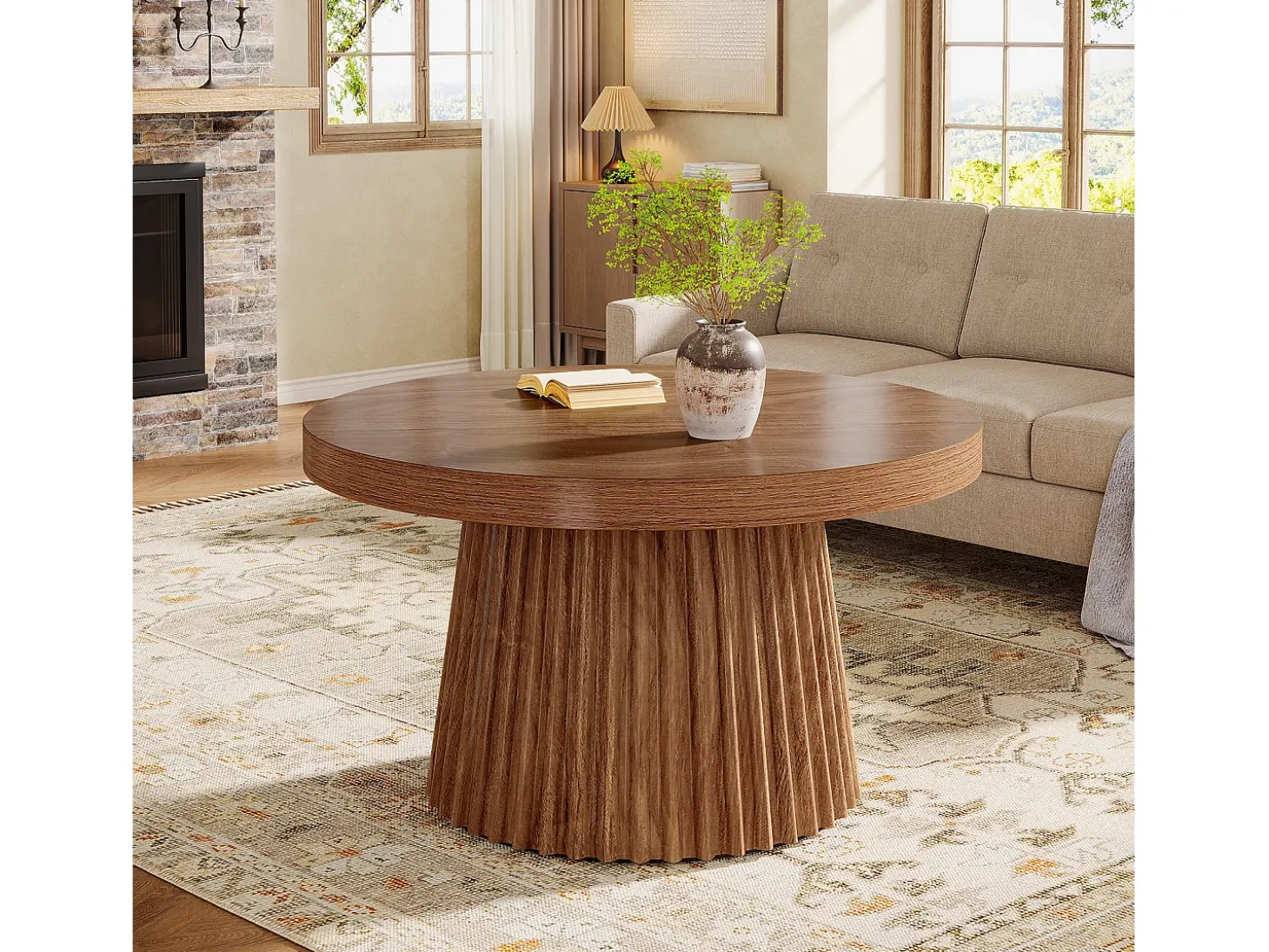 Mesa de café redonda de 80 cm com base de tambor estriado no estilo caseiro pequeno