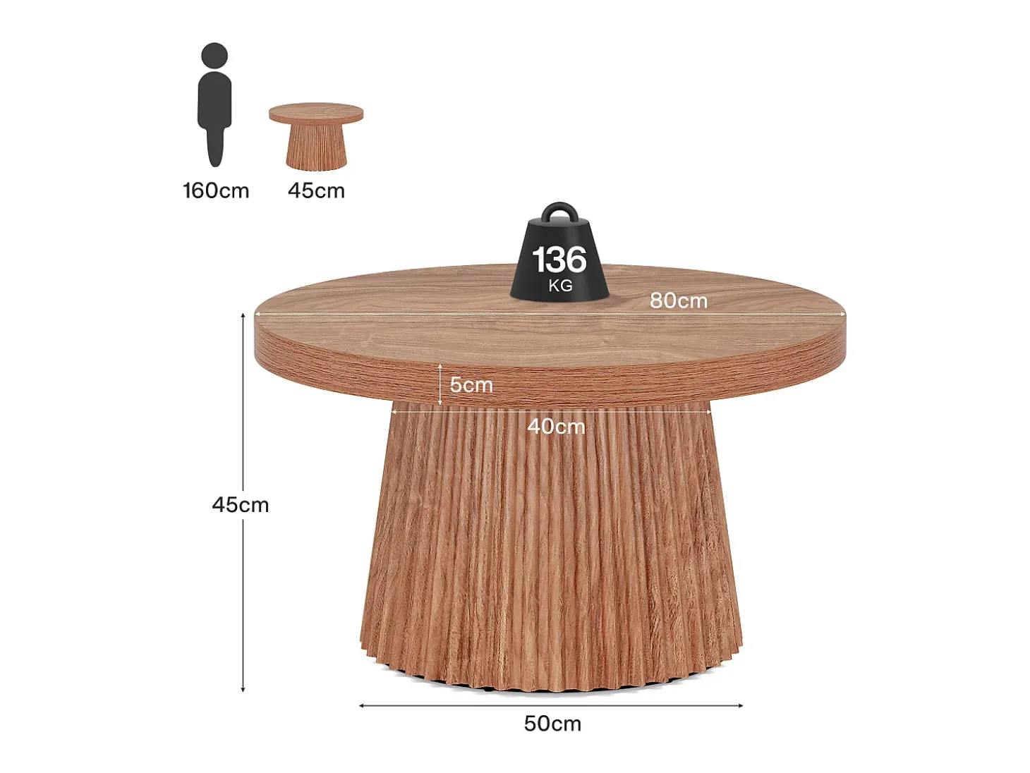 Mesa de café redonda de 80 cm com base de tambor estriado no estilo caseiro pequeno