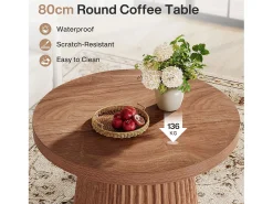 Mesa de café redonda de 80 cm com base de tambor estriado no estilo caseiro pequeno