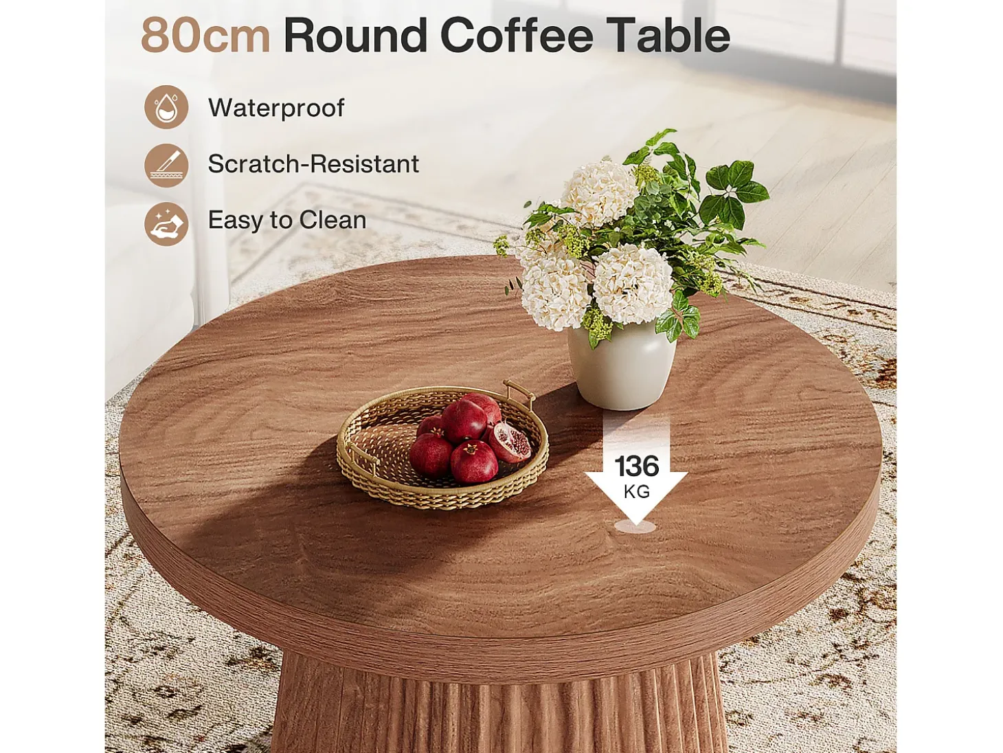 Mesa de café redonda de 80 cm com base de tambor estriado no estilo caseiro pequeno