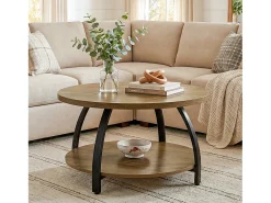 Mesa de Café Redonda de 80cm com Prateleiras de Armazenamento de 2 Andares, Mesa de Centro Pequena Rustica de Destaque