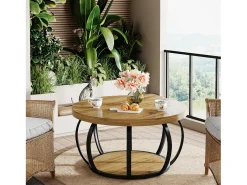 Mesa de Café Redonda, Mesa de Café Circular de 2 Andares com Prateleiras de Armazenamento, Mesa de Centro Moderna de Acento de Madeira Mesa Lateral de Sofá