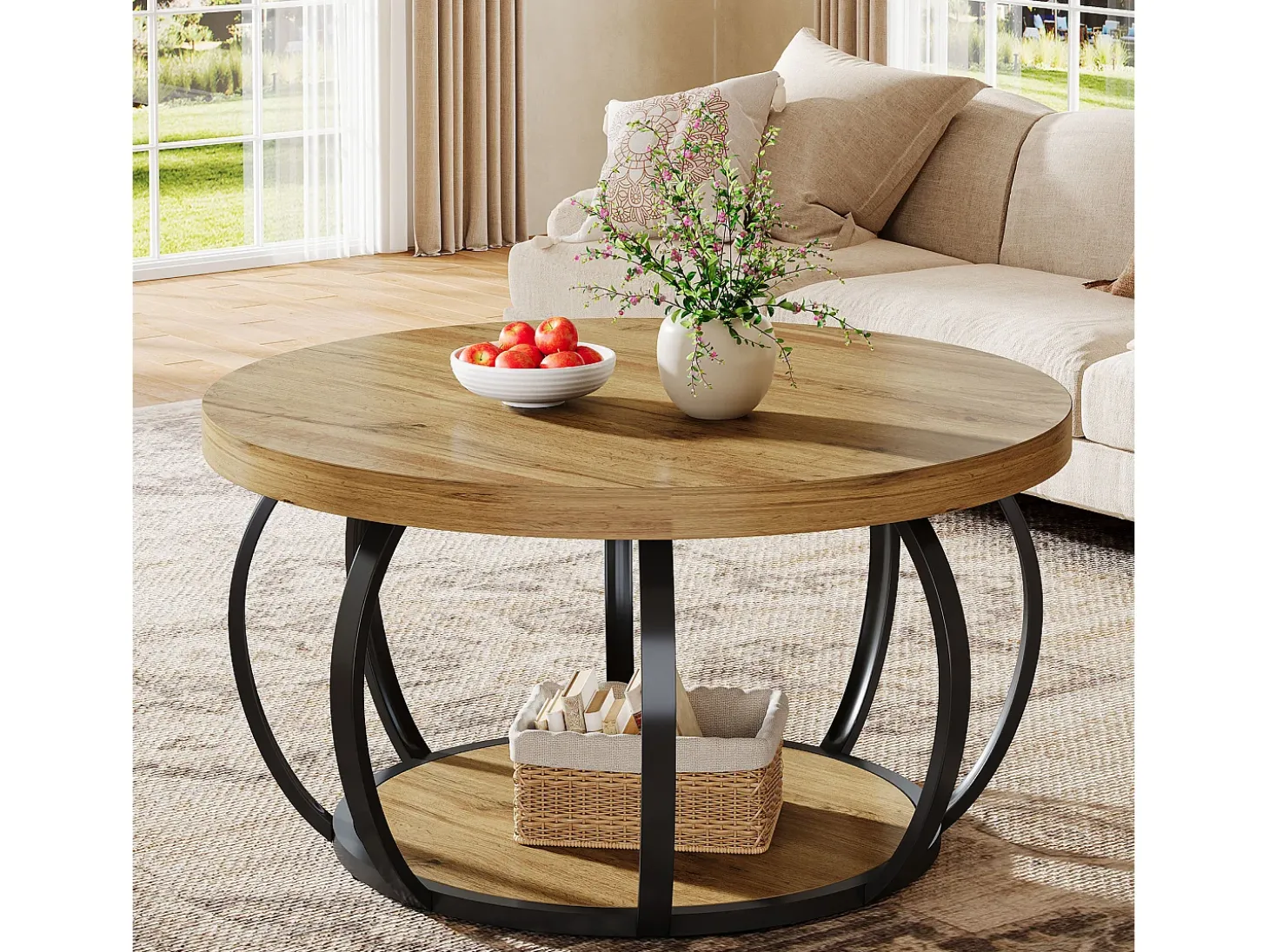 Mesa de Café Redonda, Mesa de Café Circular de 2 Andares com Prateleiras de Armazenamento, Mesa de Centro Moderna de Acento de Madeira Mesa Lateral de Sofá