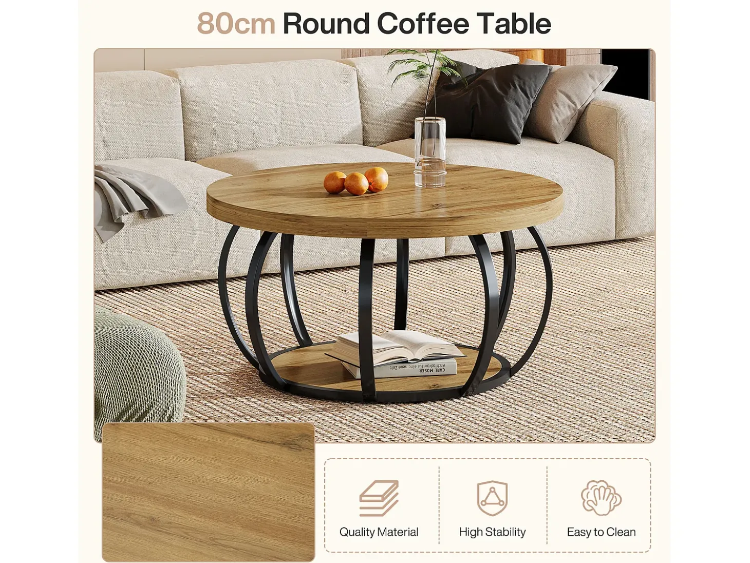 Mesa de Café Redonda, Mesa de Café Circular de 2 Andares com Prateleiras de Armazenamento, Mesa de Centro Moderna de Acento de Madeira Mesa Lateral de Sofá