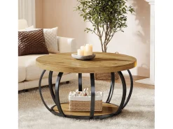 Mesa de Café Redonda, Mesa de Café Circular de 2 Andares com Prateleiras de Armazenamento, Mesa de Centro Moderna de Acento de Madeira Mesa Lateral de Sofá