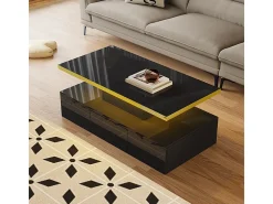 Mesa de café retangular com 1 gaveta e LED, 2 níveis de armazenamento, 100x50x39cm, preto