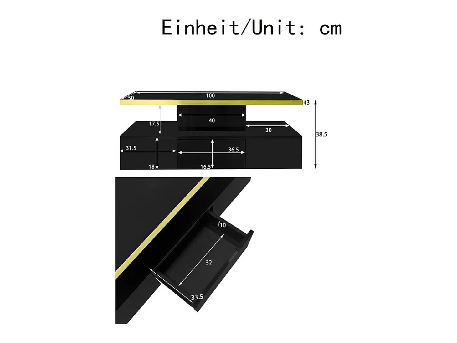 Mesa de café retangular com 1 gaveta e LED, 2 níveis de armazenamento, 100x50x39cm, preto