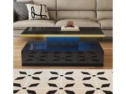 Mesa de café retangular com 1 gaveta e LED, 2 níveis de armazenamento, 100x50x39cm, preto