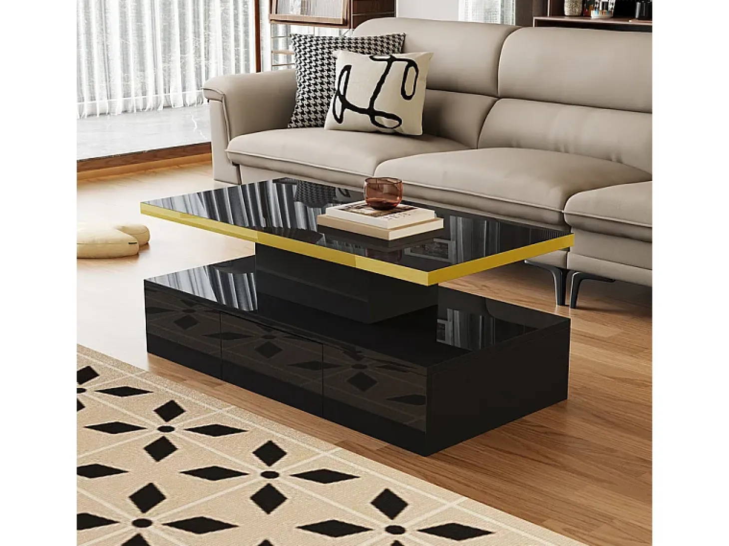 Mesa de café retangular com 1 gaveta e LED, 2 níveis de armazenamento, 100x50x39cm, preto