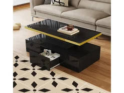 Mesa de café retangular com 1 gaveta e LED, 2 níveis de armazenamento, 100x50x39cm, preto