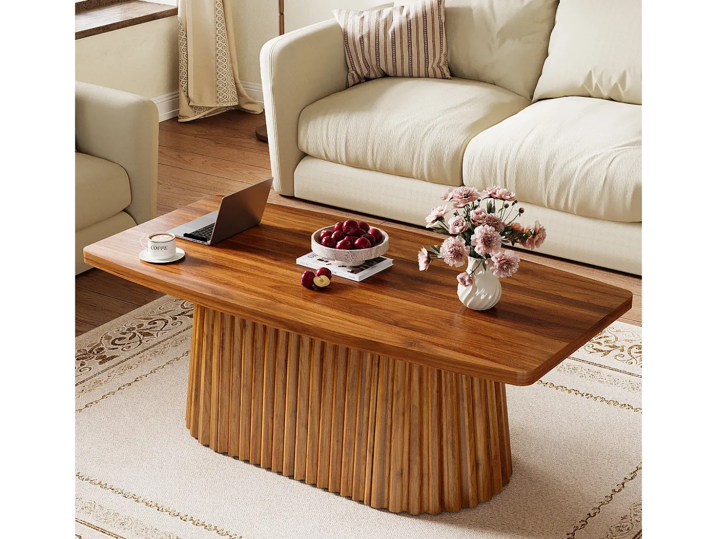 Mesa de Café Retangular, Mesa de Centro Decorativa Rustica de 120cm com Base Plissada