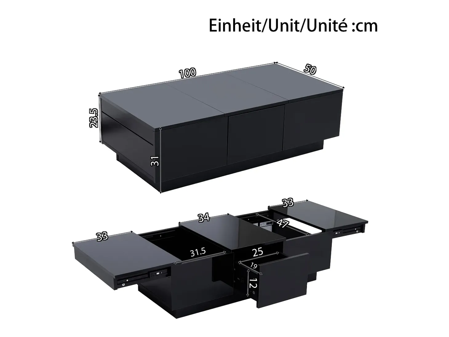Mesa de café 100x31x50 cm - com 2 gavetas - Acabamento brilhante - Painéis de partículas - Preto