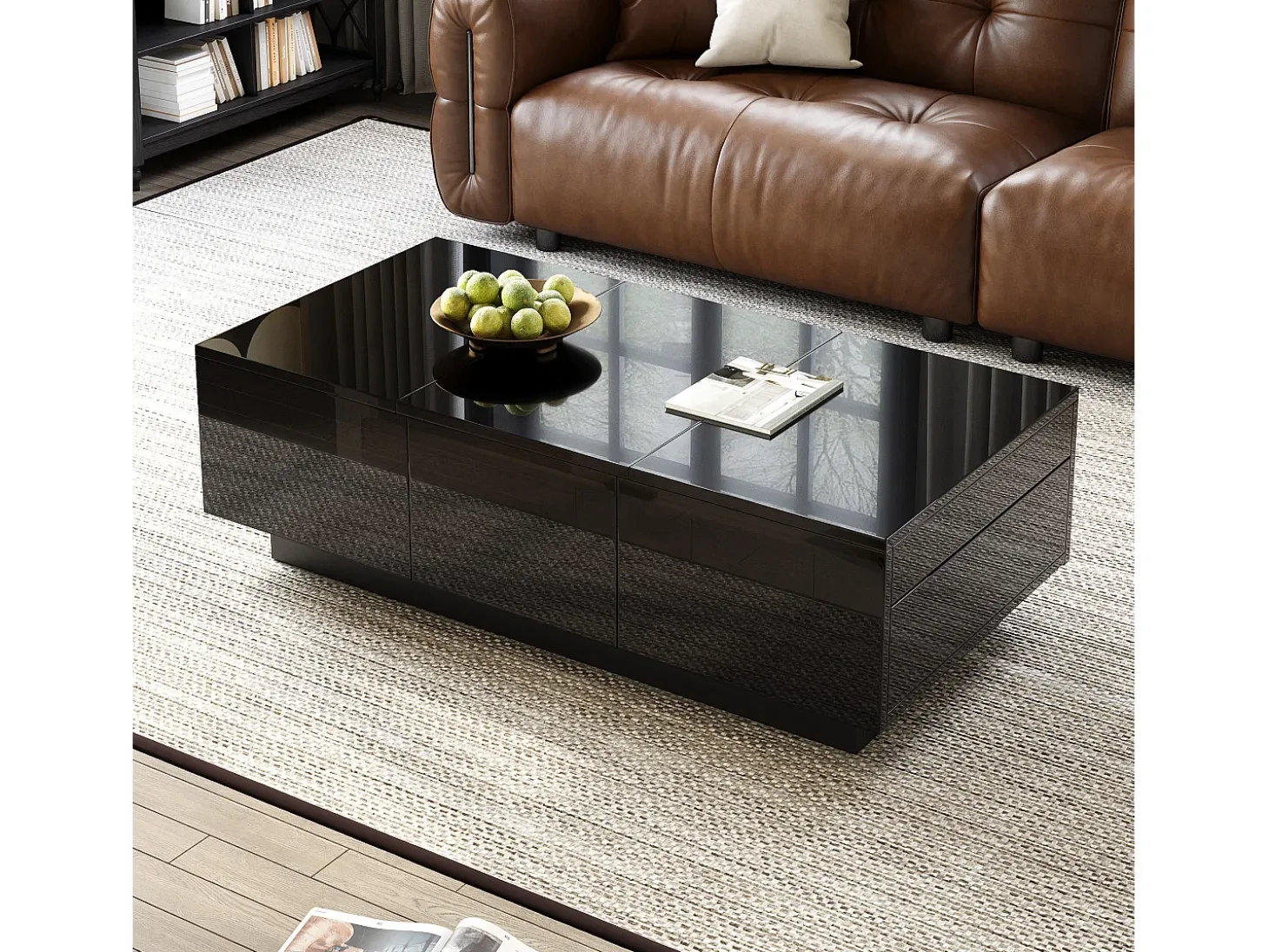 Mesa de café 100x31x50 cm - com 2 gavetas - Acabamento brilhante - Painéis de partículas - Preto