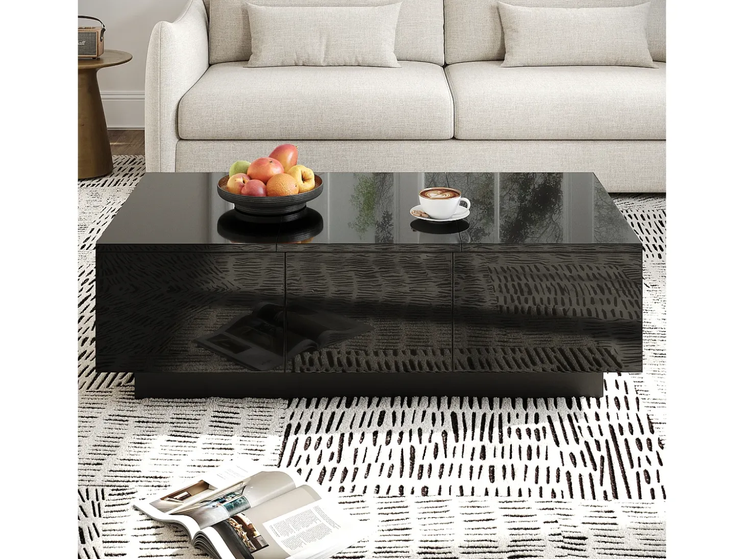 Mesa de café 100x31x50 cm - com 2 gavetas - Acabamento brilhante - Painéis de partículas - Preto