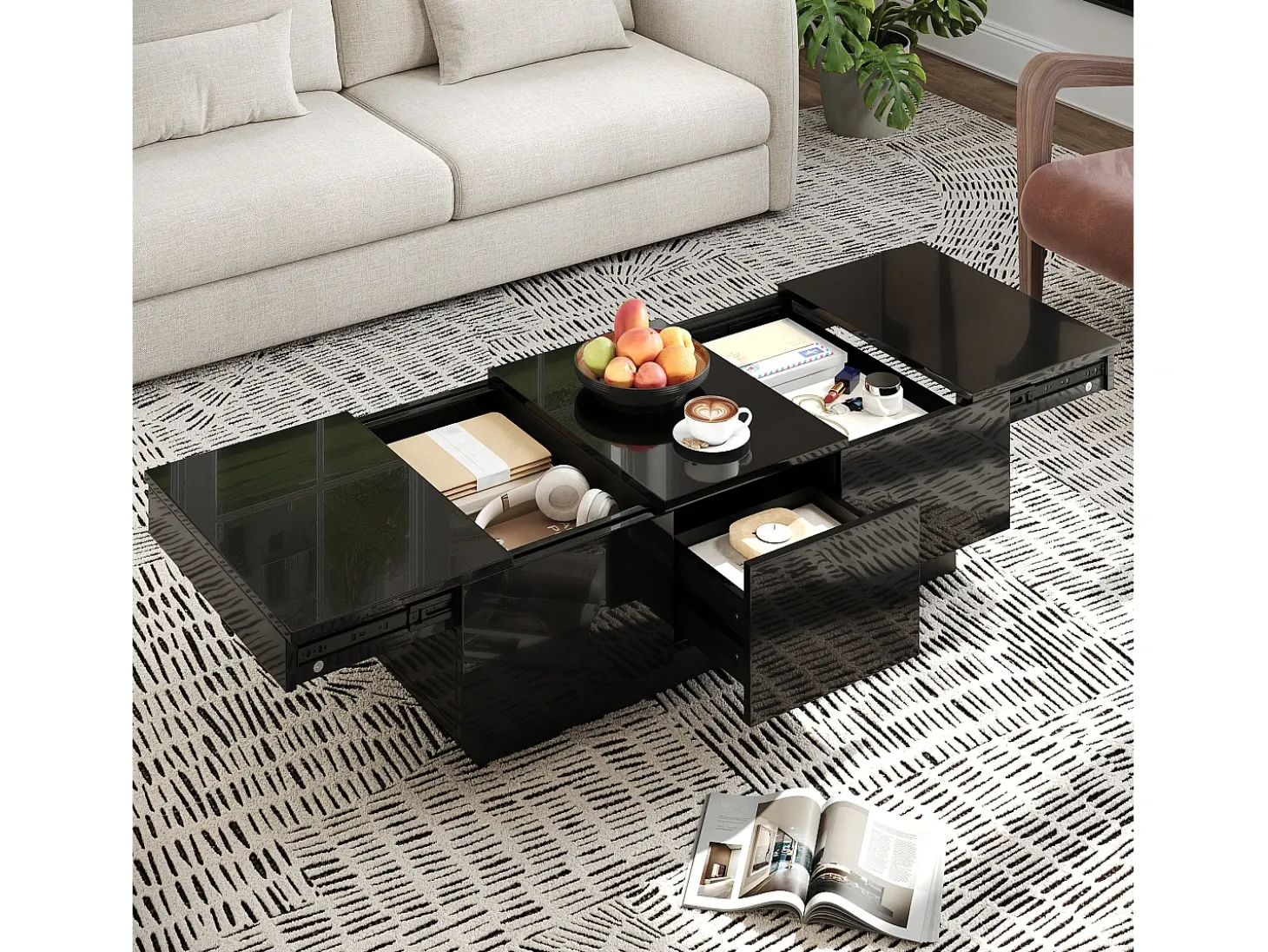 Mesa de café 100x31x50 cm - com 2 gavetas - Acabamento brilhante - Painéis de partículas - Preto