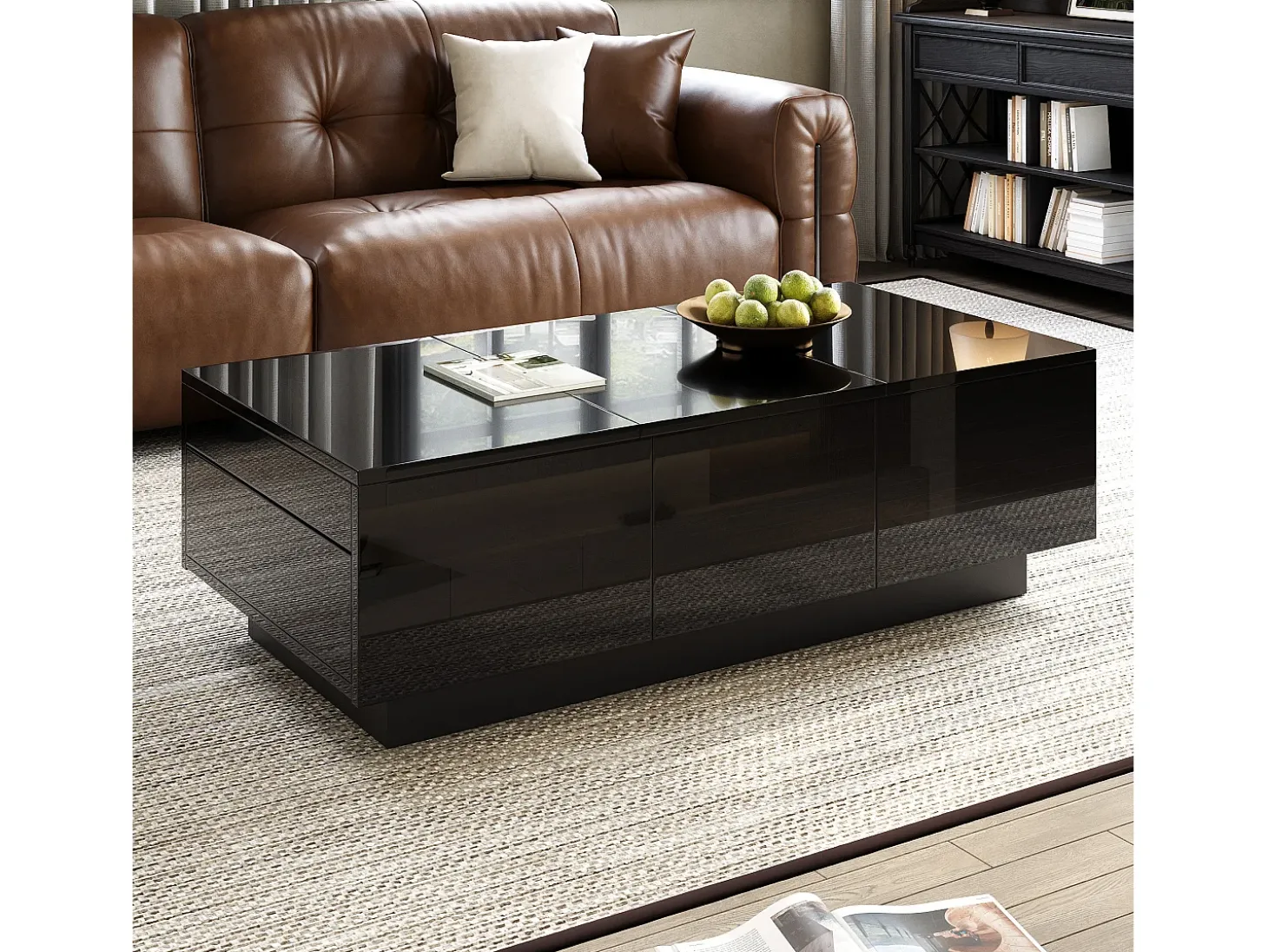 Mesa de café 100x31x50 cm - com 2 gavetas - Acabamento brilhante - Painéis de partículas - Preto