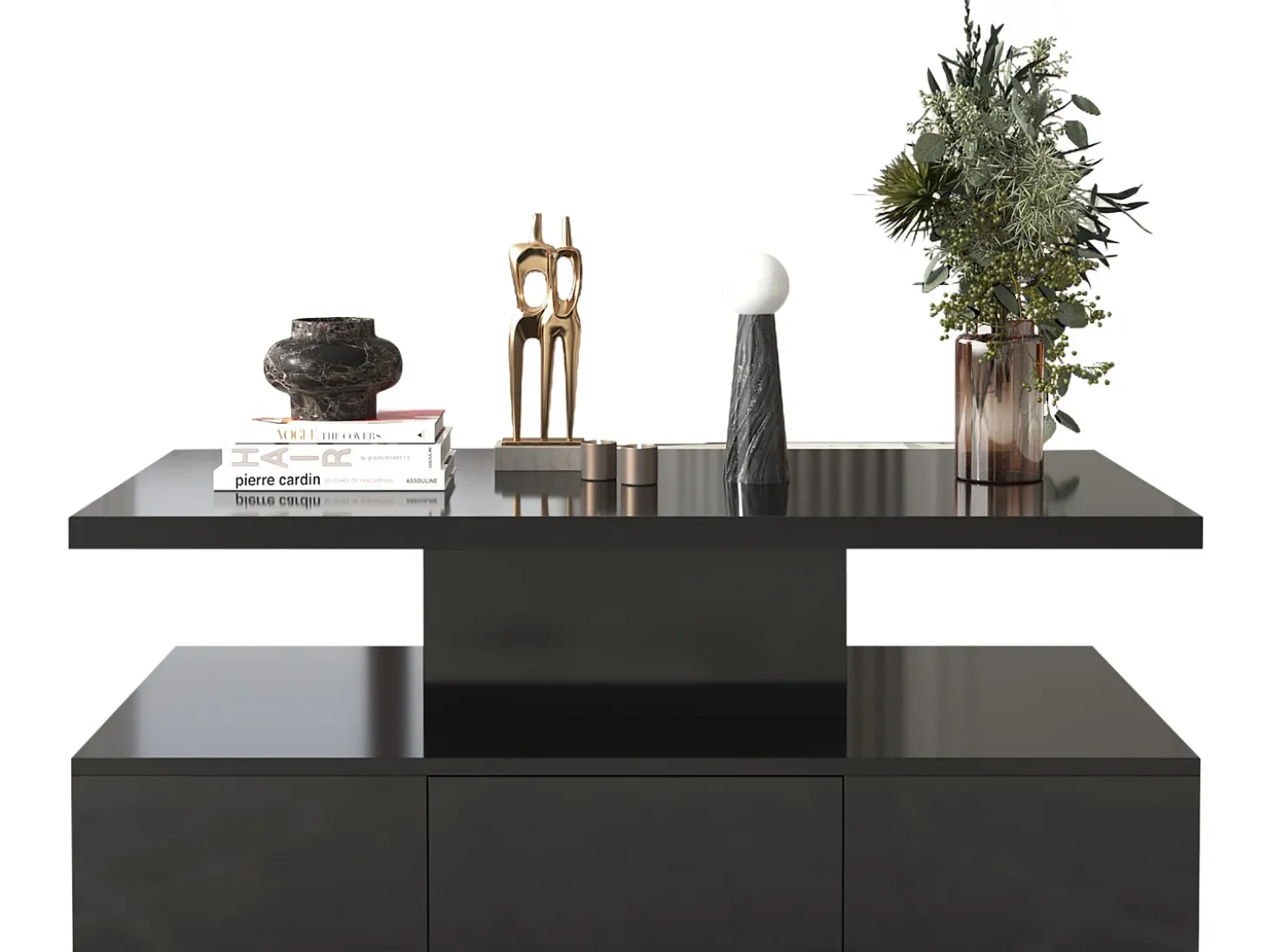 Mesa de centro - 1 gaveta e 2 prateleiras - aglomerado - LEDs - preto brilhante