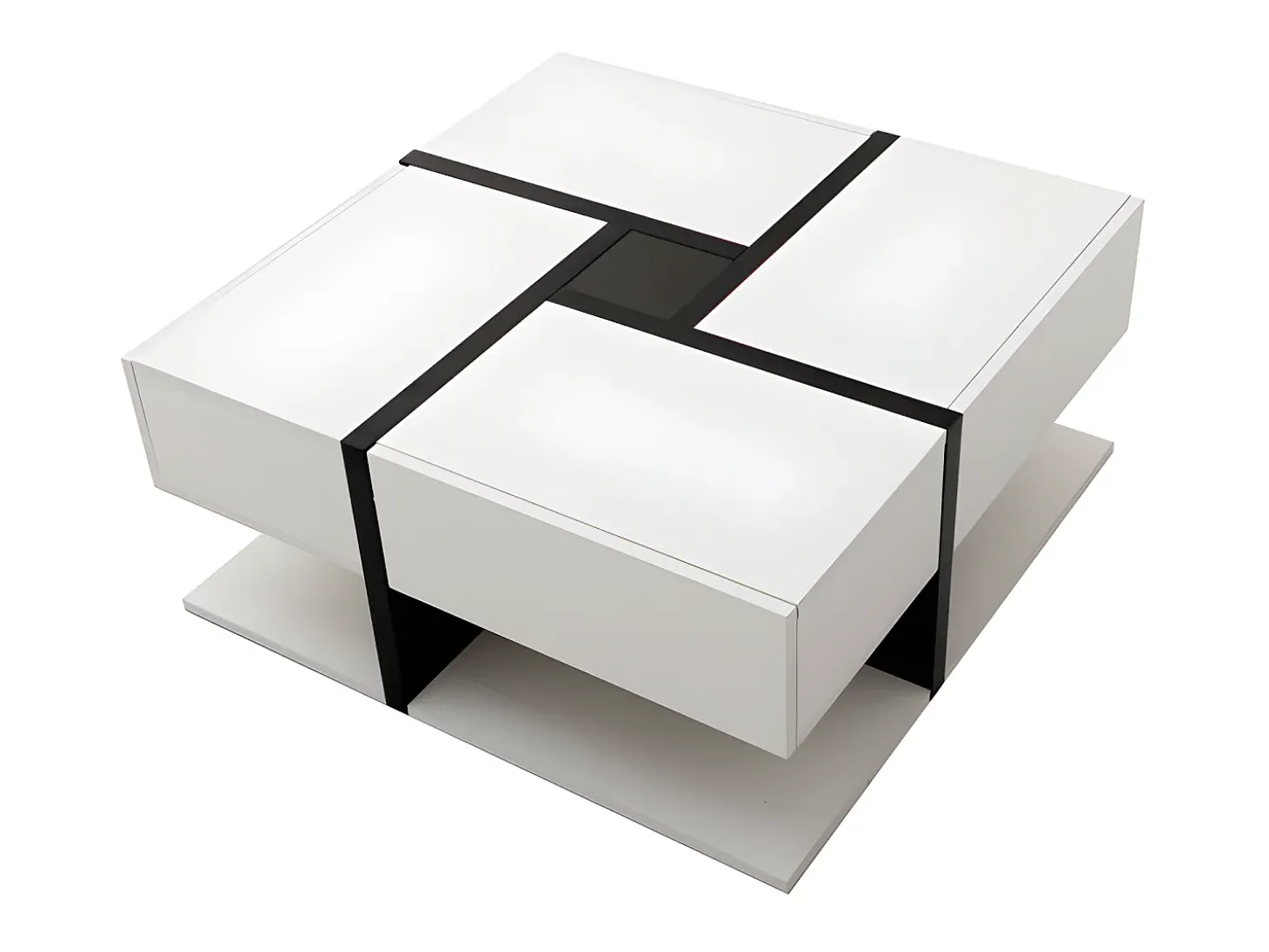 Mesa de centro - 4 gavetas - espaço de arrumação na parte inferior - 78x78x36cm - Branco e Preto