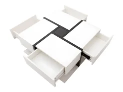 Mesa de centro - 4 gavetas - espaço de arrumação na parte inferior - 78x78x36cm - Branco e Preto