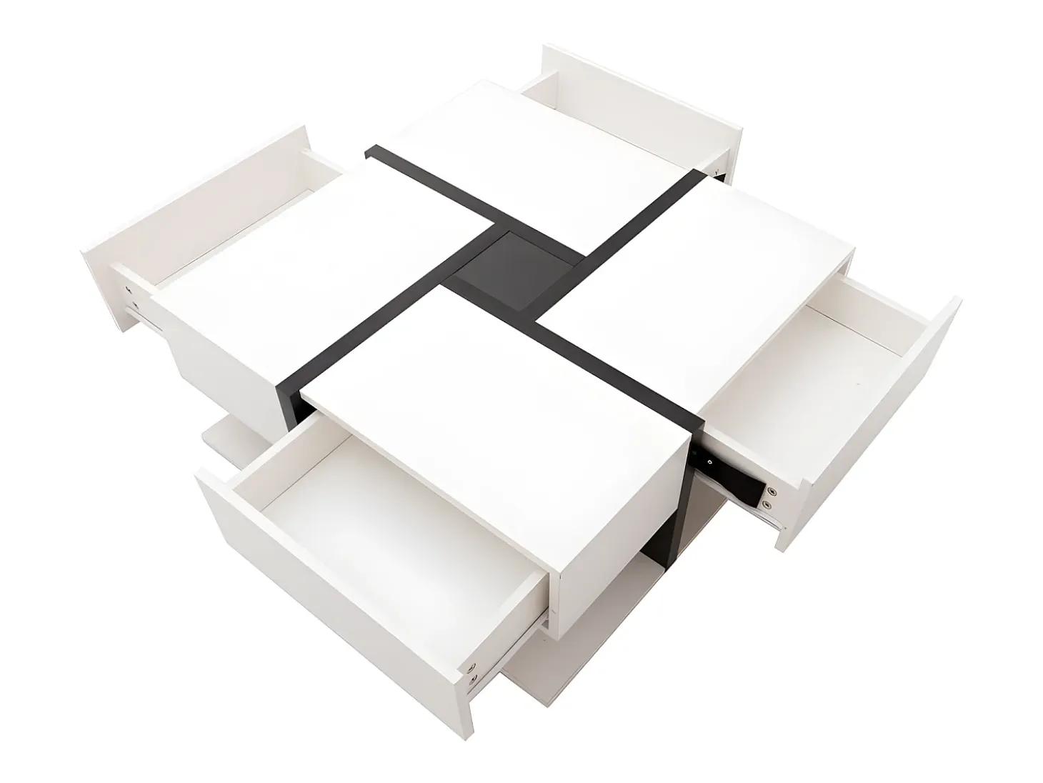 Mesa de centro - 4 gavetas - espaço de arrumação na parte inferior - 78x78x36cm - Branco e Preto