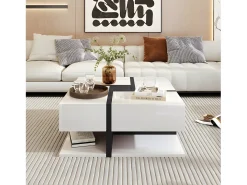 Mesa de centro - 4 gavetas - espaço de arrumação na parte inferior - 78x78x36cm - Branco e Preto