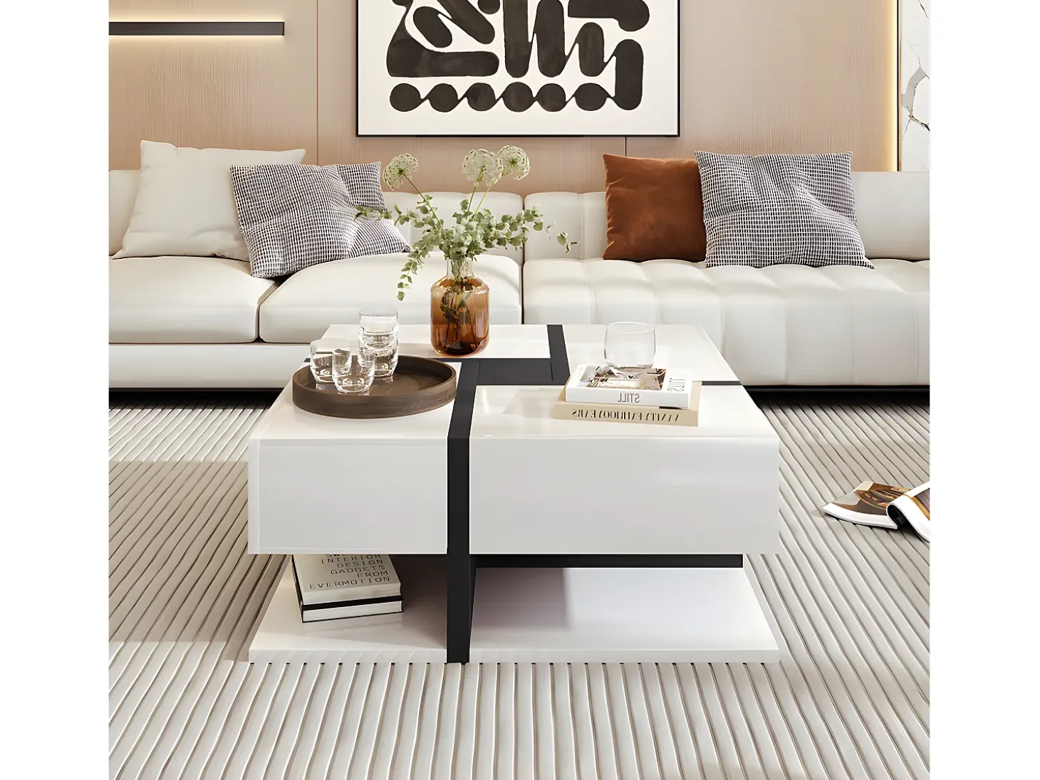 Mesa de centro - 4 gavetas - espaço de arrumação na parte inferior - 78x78x36cm - Branco e Preto