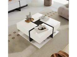 Mesa de centro - 4 gavetas - espaço de arrumação na parte inferior - 78x78x36cm - Branco e Preto