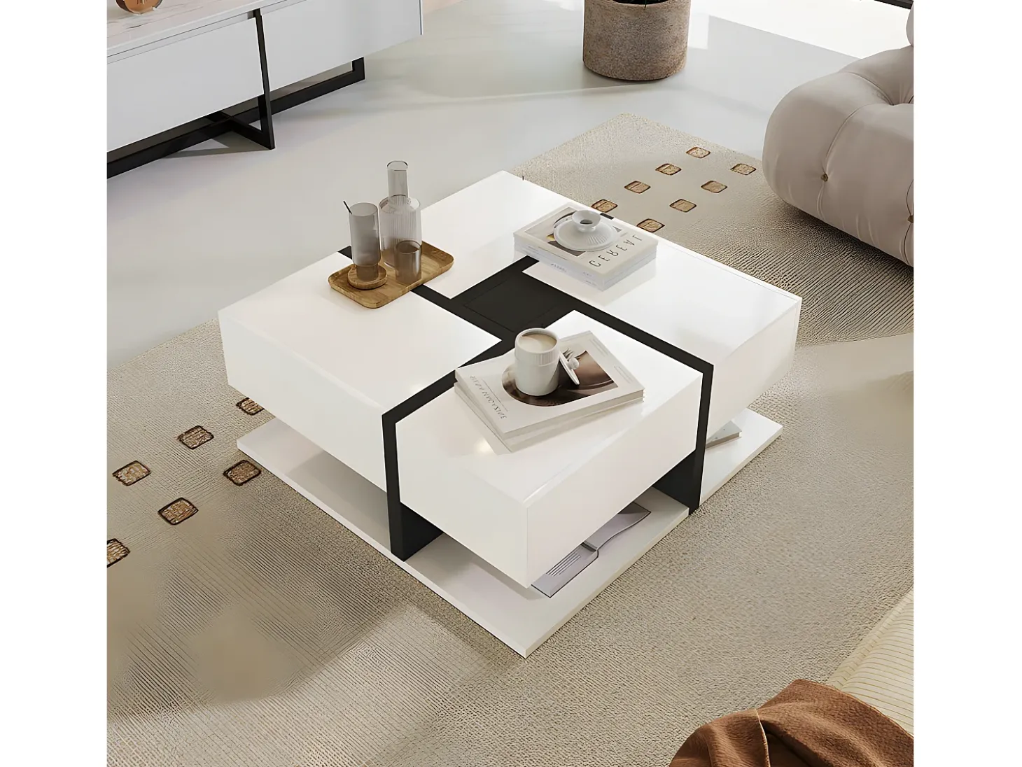 Mesa de centro - 4 gavetas - espaço de arrumação na parte inferior - 78x78x36cm - Branco e Preto
