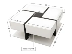 Mesa de centro - 4 gavetas - espaço de arrumação na parte inferior - 78x78x36cm - Branco e Preto