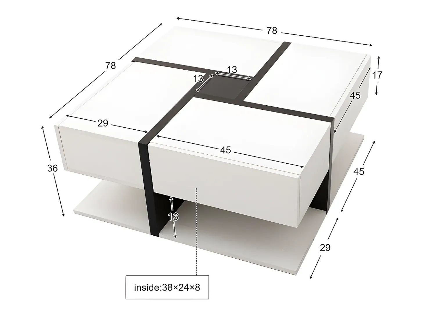 Mesa de centro - 4 gavetas - espaço de arrumação na parte inferior - 78x78x36cm - Branco e Preto