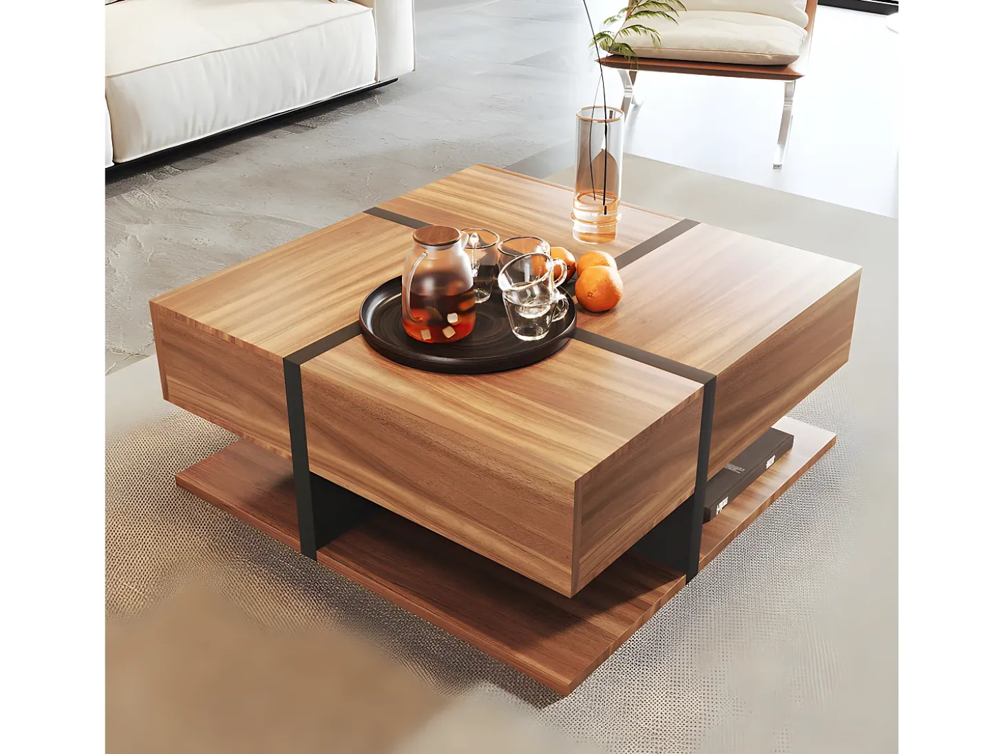 Mesa de centro - 4 gavetas - espaço de arrumação na parte inferior - 78x78x36cm - Natural