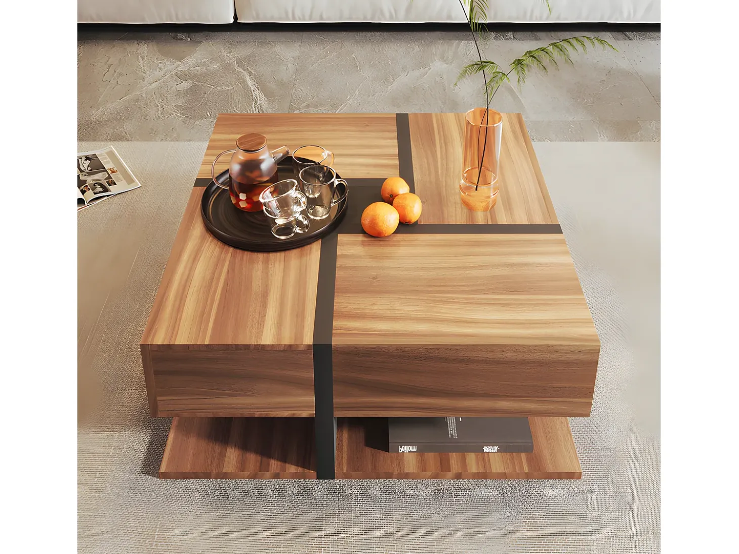 Mesa de centro - 4 gavetas - espaço de arrumação na parte inferior - 78x78x36cm - Natural