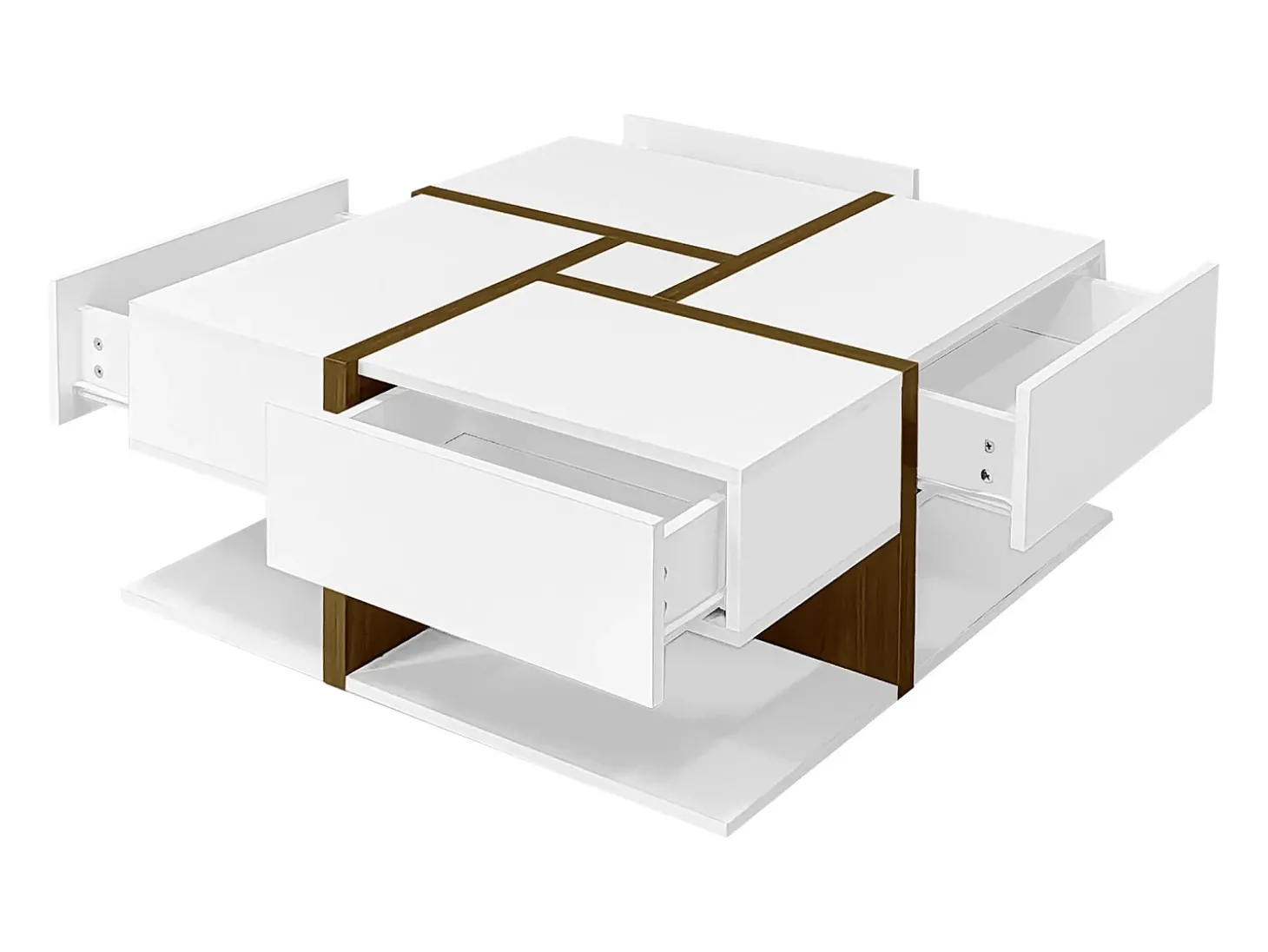 Mesa de centro - 4 gavetas - espaço de arrumação na parte inferior - 78x78x36cm - Branco e Castanho