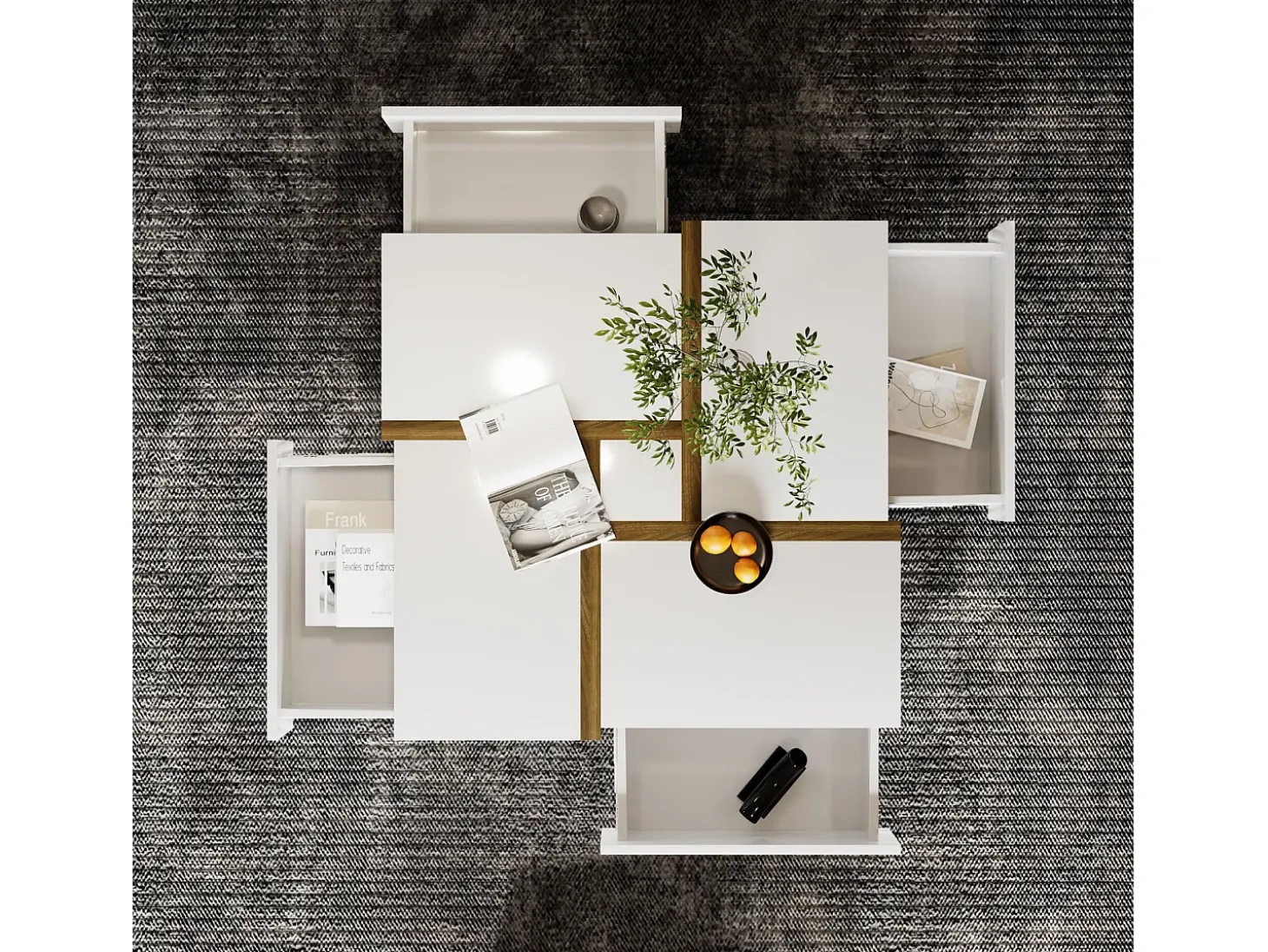 Mesa de centro - 4 gavetas - espaço de arrumação na parte inferior - 78x78x36cm - Branco e Castanho