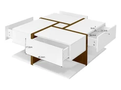 Mesa de centro - 4 gavetas - espaço de arrumação na parte inferior - 78x78x36cm - Branco e Castanho