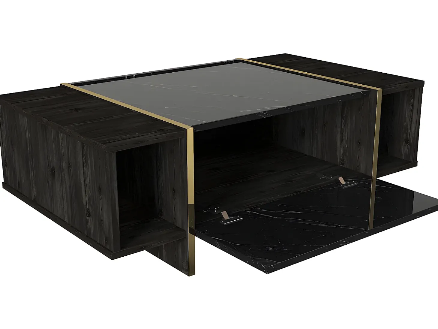 Mesa de centro - 1 porta e 2 nichos - Efeito mármore preto e dourado - CADEBA