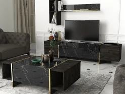 Mesa de centro - 1 porta e 2 nichos - Efeito mármore preto e dourado - CADEBA