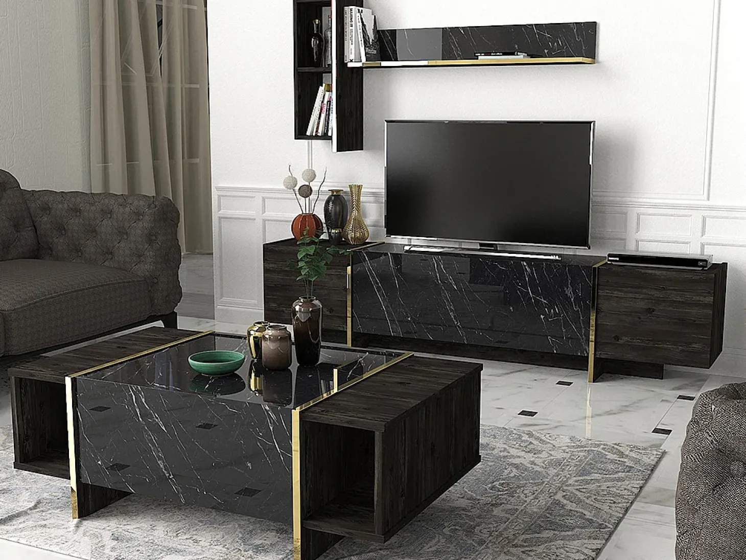 Mesa de centro - 1 porta e 2 nichos - Efeito mármore preto e dourado - CADEBA
